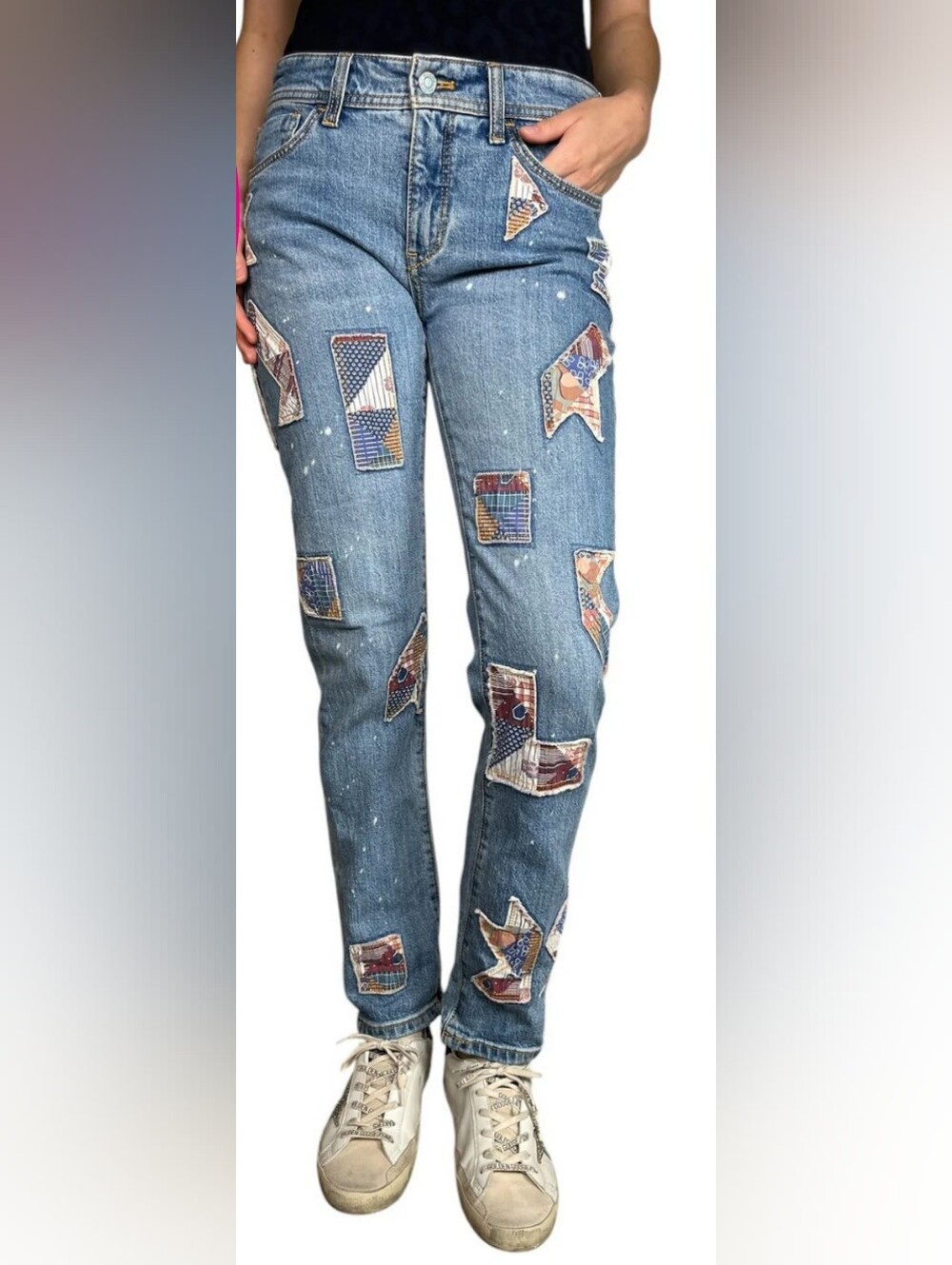 Pilcro Slim Boyfriend Jeans With Americana Quilt Patches EUC